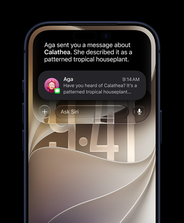 iPhone 17 Pro, Tiefblau, Vorderseite, das Display zeigt eine Siri AI Anfrage zu einer Zimmerpflanze, die in einer Unterhaltung in Nachrichten erwähnt wurde.