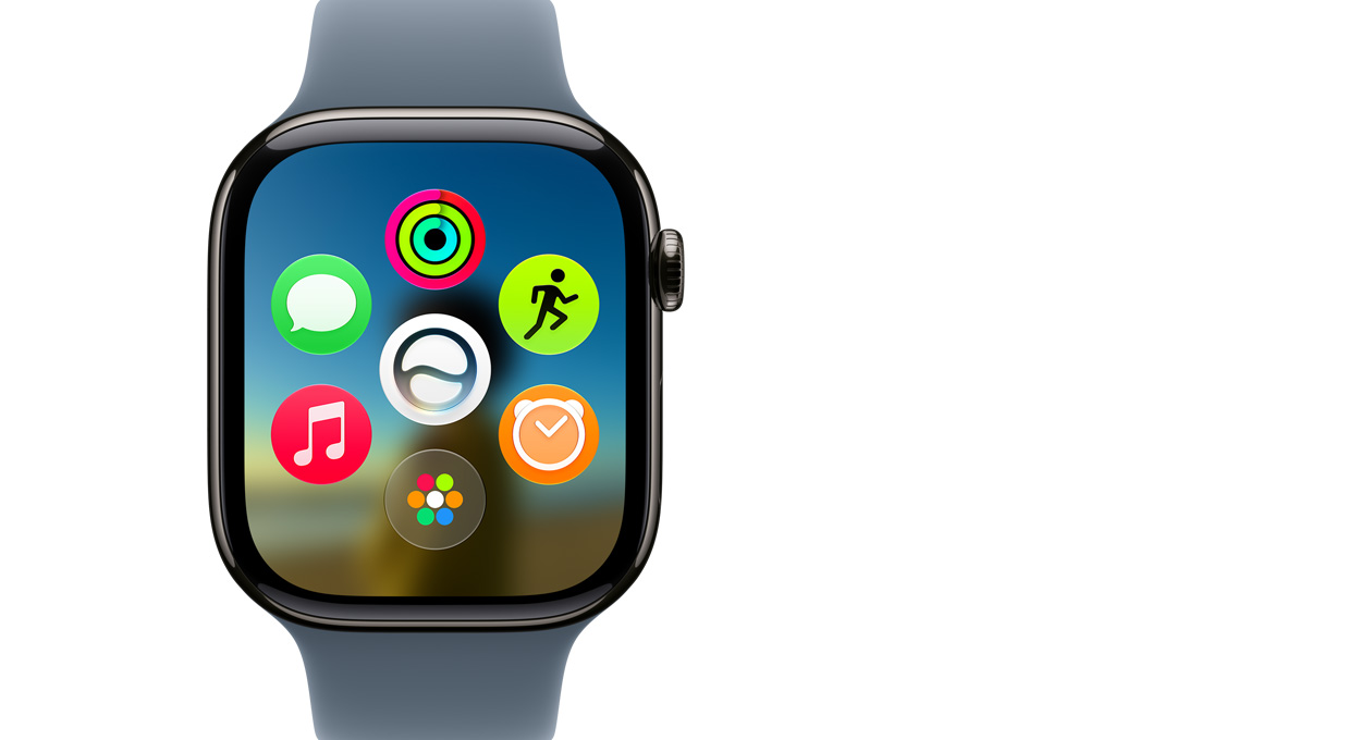 Apple Watch Series 11, titane ardoise, affichant la grille d’apps dynamique