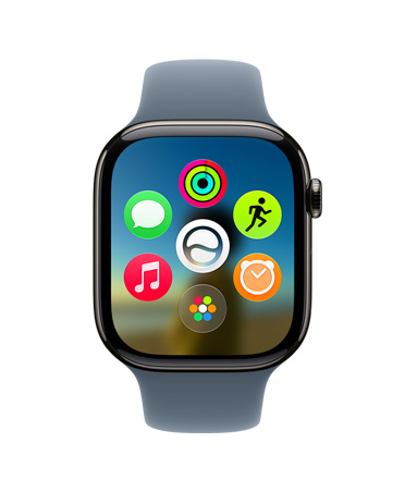 Apple Watch Series 11, titane ardoise, affichant la grille d’apps dynamique