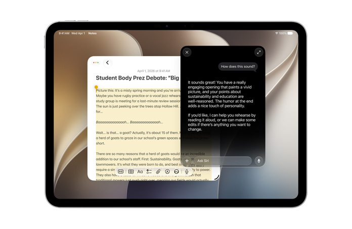 iPad Pro 11, Silver, front screen displaying Notes app with text, query to Siri AI to create new content