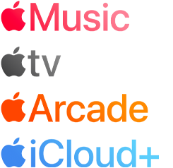 Logo dịch vụ đăng ký của Apple bao gồm Apple Music, Fitness+, Apple TV, Apple News+, Apple Arcade, iCloud+