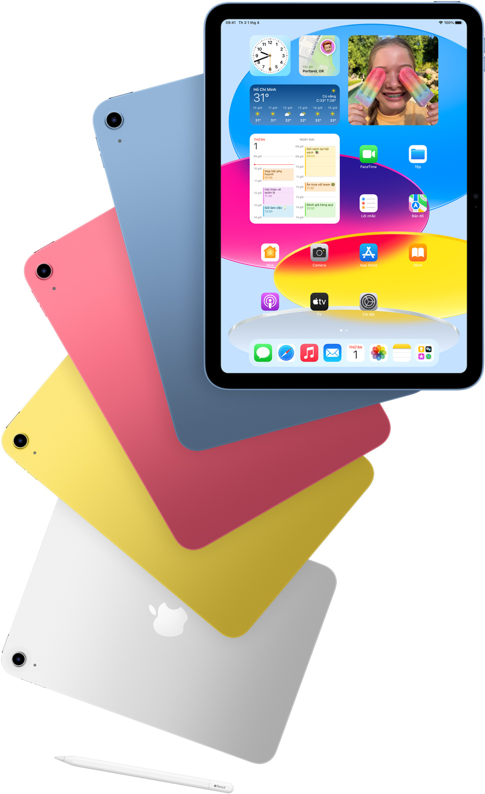 Ảnh mặt trước của iPad có màn hình chính, cùng mặt sau của các iPad màu xanh dương, hồng, vàng và bạc. Apple Pencil nằm gần các mẫu iPad được sắp xếp.