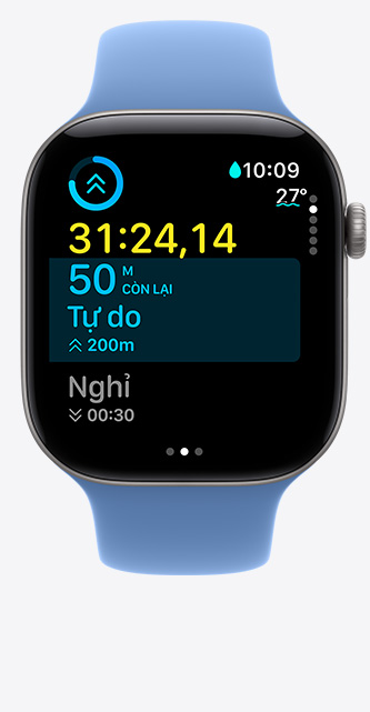 Apple Watch Series 12, aluminum case, space gray color, Workout screen tracks Pool Swim, metrics onscreen, Sport Band, wildflower blue color