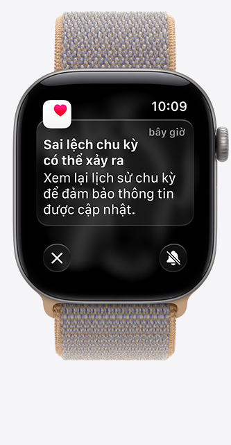 Apple Watch Series 12, vỏ nhôm, màu xám không gian, thông báo về khả năng sai lệch chu kỳ, tính năng Theo Dõi Chu Kỳ trong ứng dụng Sức Khỏe, Dây Quấn Thể Thao, màu xanh chambray (xám xanh nhạt)