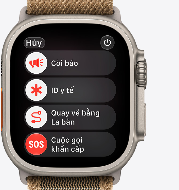 Apple Watch Ultra 4, titanium case, natural color, emergency assistance options onscreen: siren, medical ID, compass backtrack, emergency call